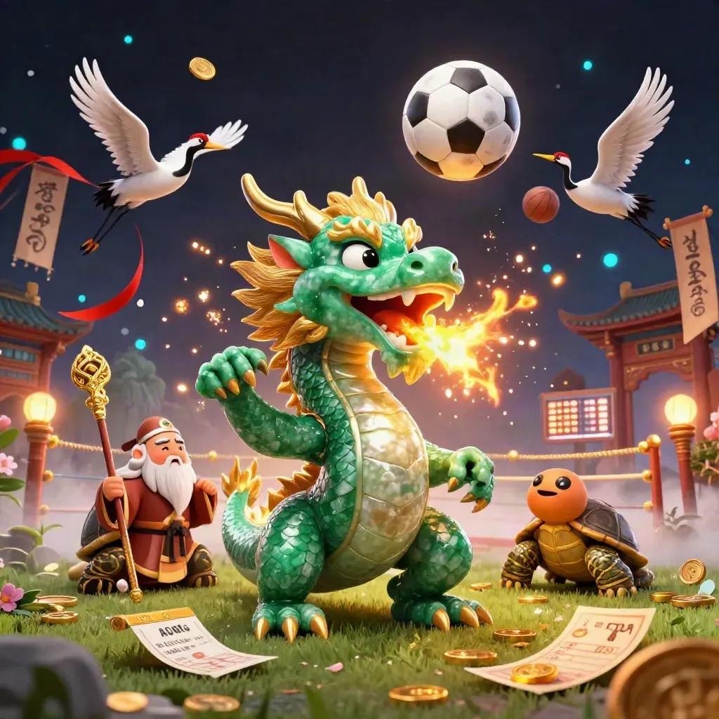 Dragon, turtle sage, and cranes with balls, coins, fire, and temple gate in luxe casino key art.