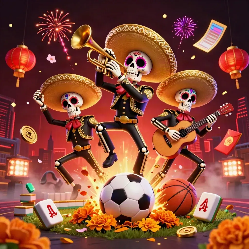 Skeleton mariachi trio amid sports balls, casino props, and red-gold lights.