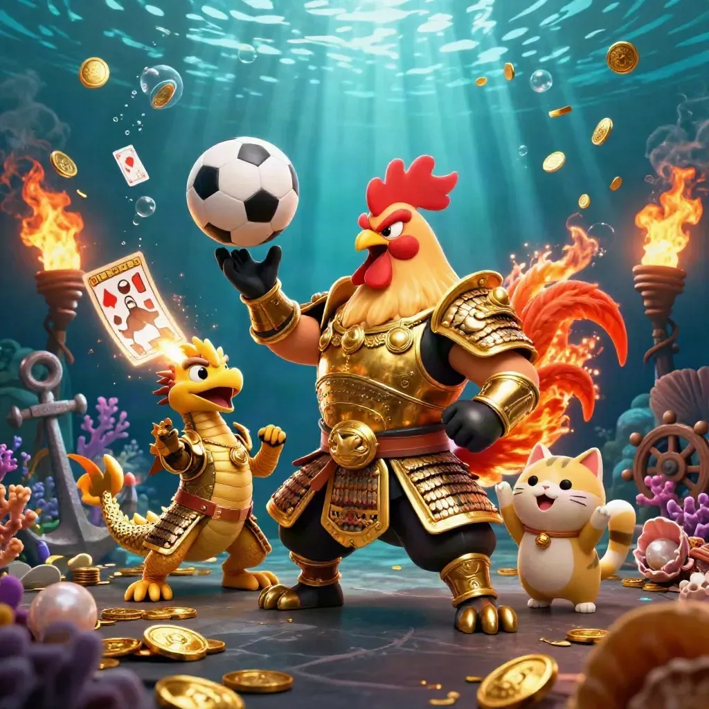 Rooster samurai, dragon hatchling, and fortune cat in an underwater casino sports blast.