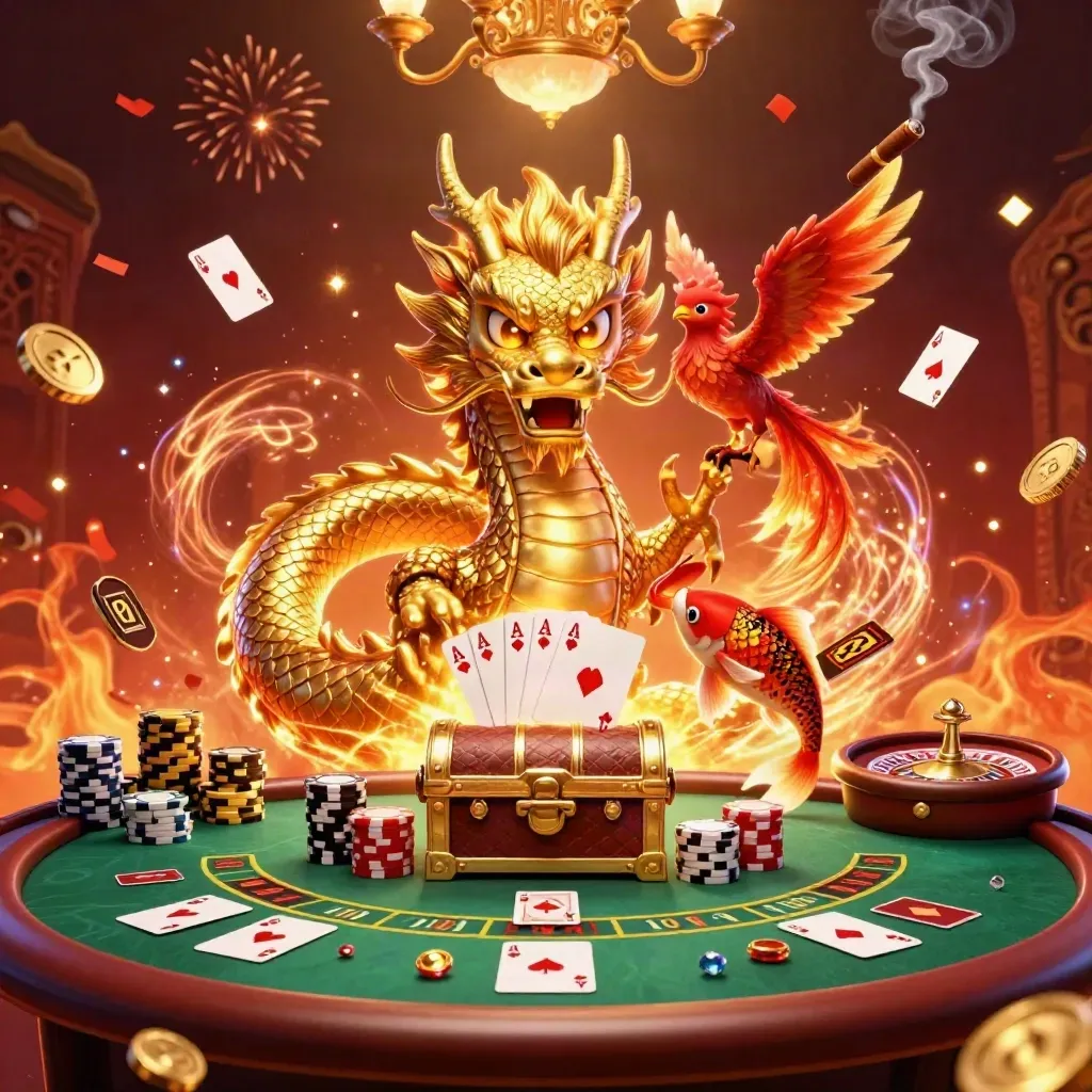 Golden dragon, phoenix and koi over a luxe poker table in a fiery casino glow.