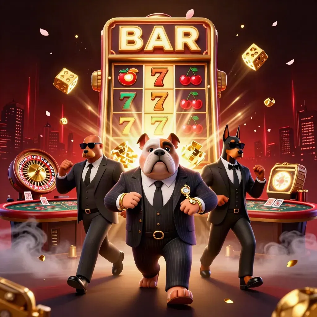 Bulldog boss and two Dobermans amid jackpot slot burst, dice, gold, roulette, and smoky red glow