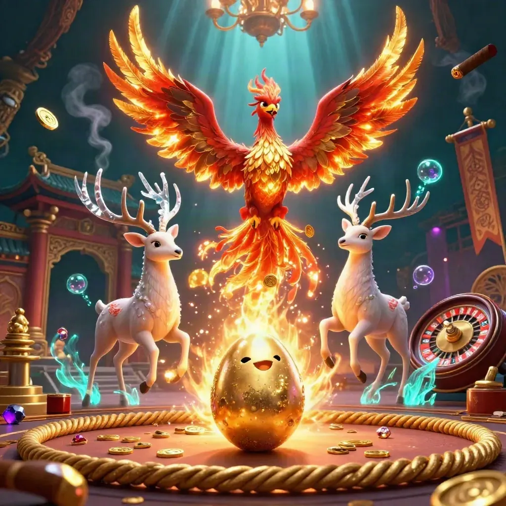 Phoenix, stag, and hatchling in a luxe casino room with gold smoke, teal glow, and chandeliers.