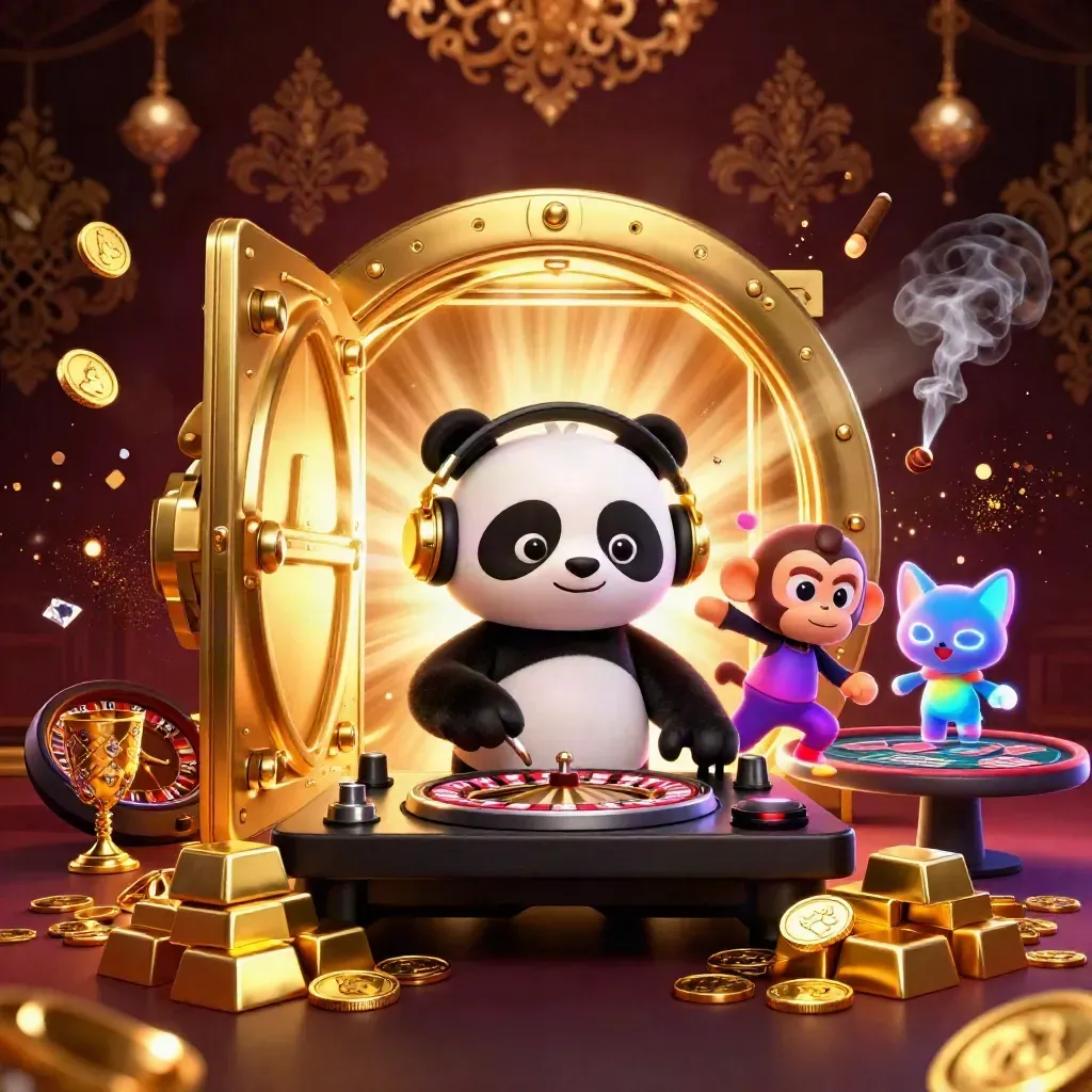 DJ panda, dancing monkey, and glow-stick kitten amid gold vault, gems, and luxe casino glow.