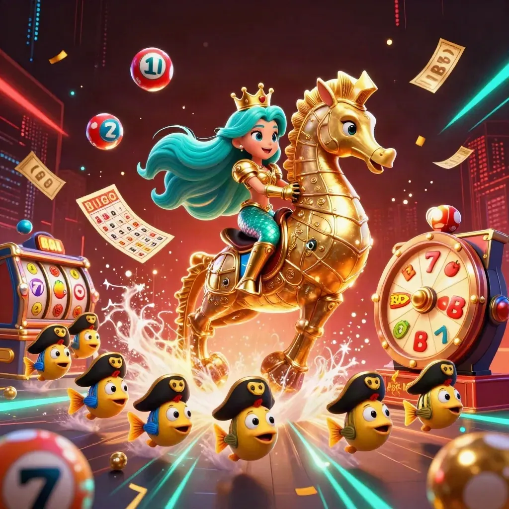 Mermaid princess on armored seahorse amid casino bursts, pirate fish, neon cyan energy, and gold treasures.
