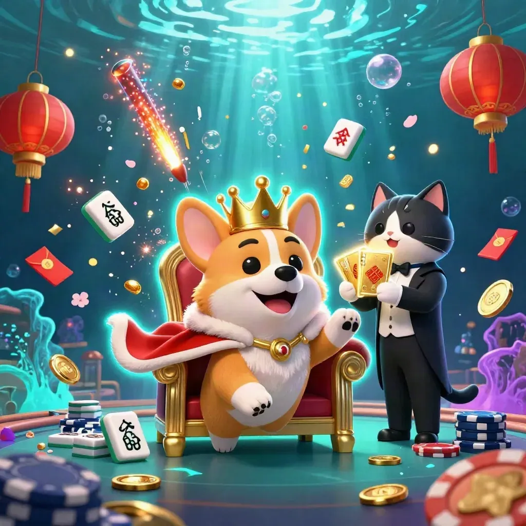 Crown-corgi and cat butler amid bursting casino treasure in glowing underwater light.