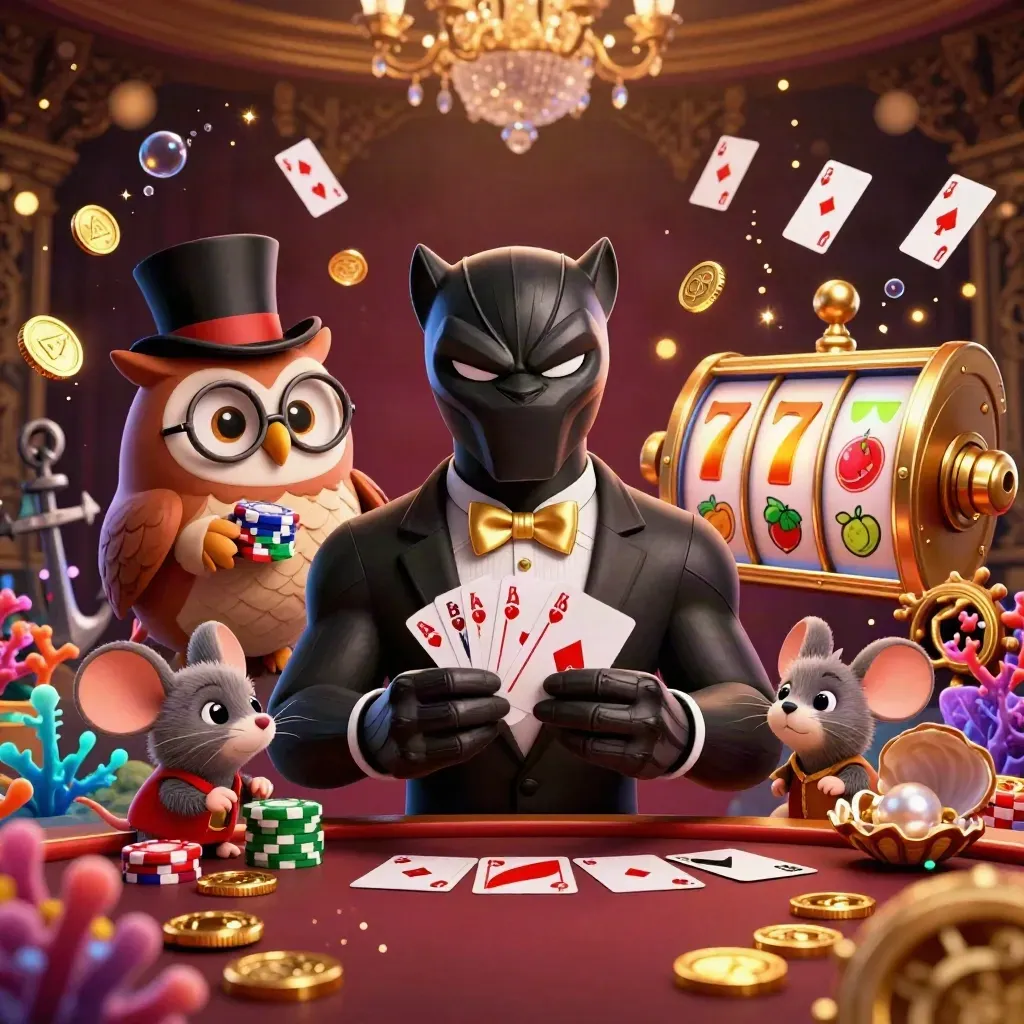 Panther dealer, owl and mouse amid gold coins, coral, cards and glowing casino treasure.
