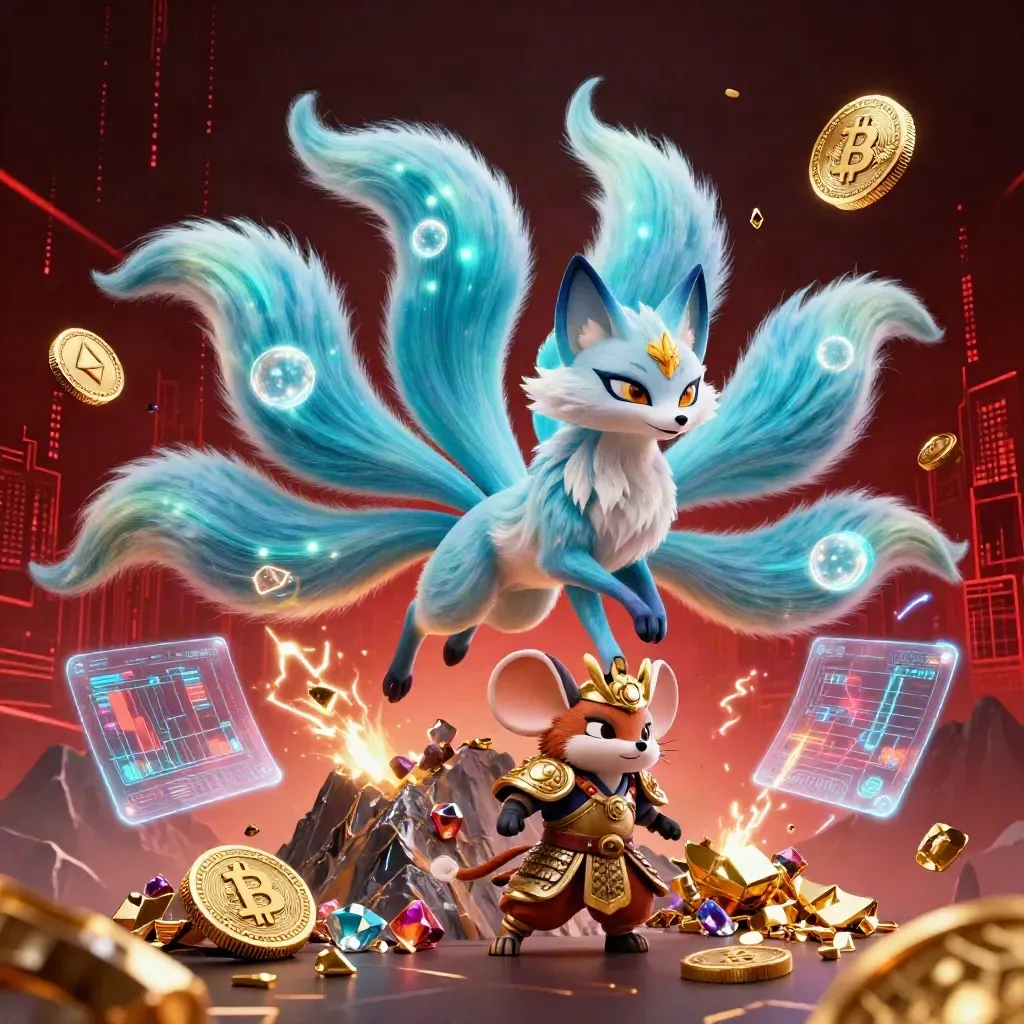 Nine-tailed fox spirit and gold-armored mouse amid neon coins, treasure burst, and cyber energy