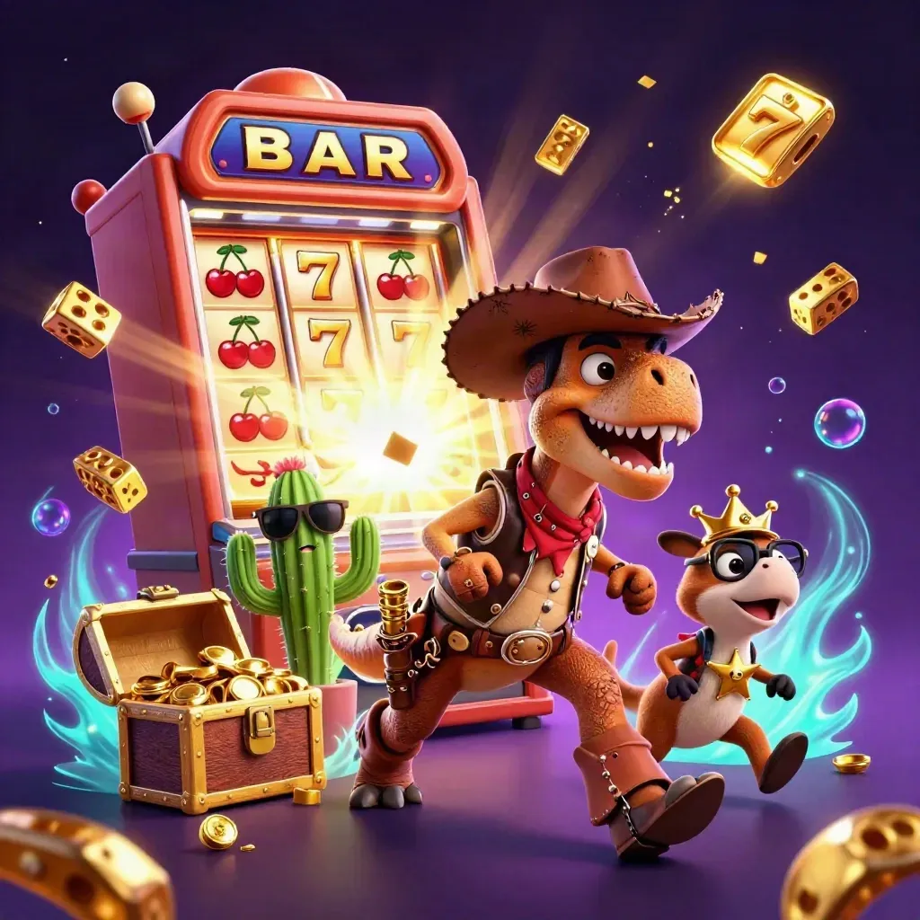 Cowboy T-Rex, cactus sidekick and roadrunner burst through a glowing casino jackpot scene.