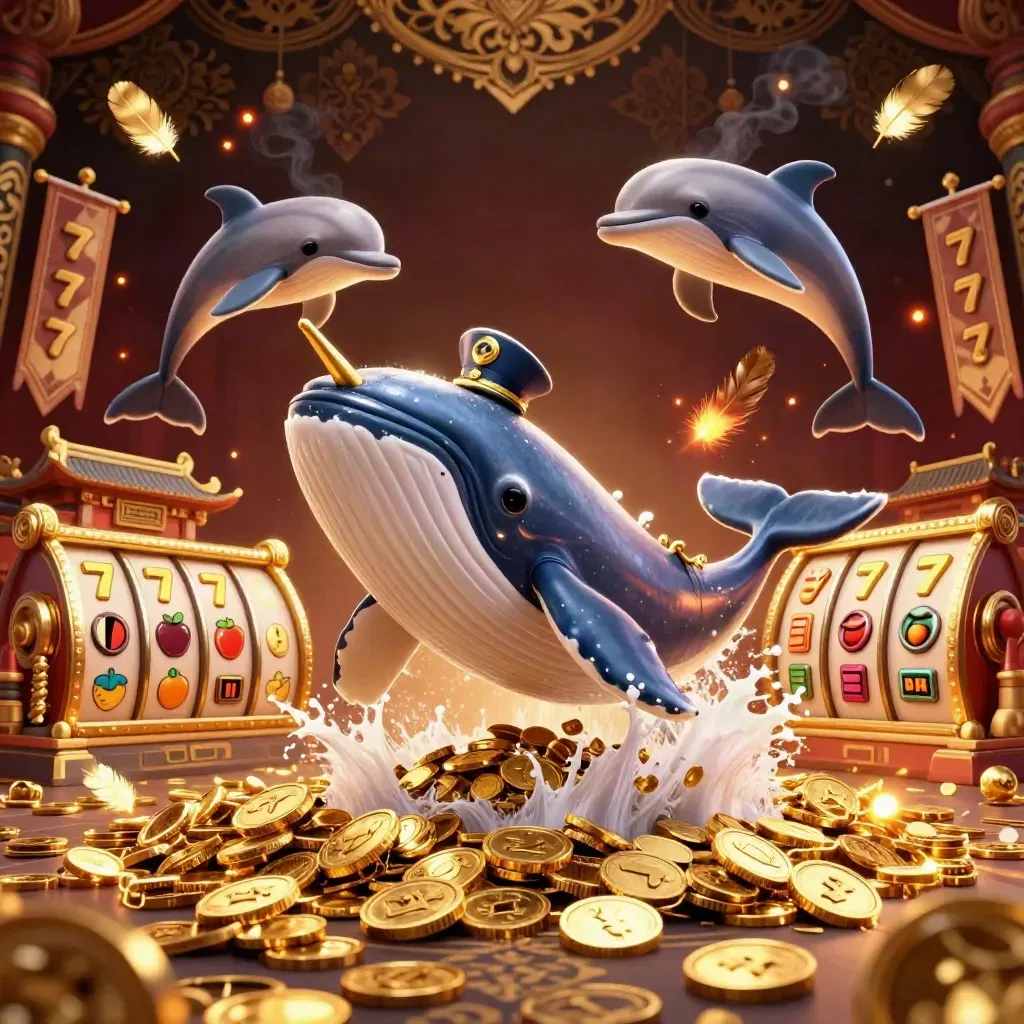 Whale captain, narwhal, and dolphins burst through coins in luxe casino art