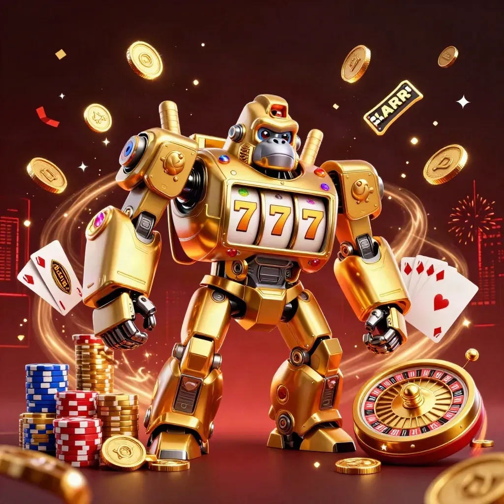 Golden gorilla mech bursting with coins, roulette wheel, chips, and fireworks on a dark casino backdrop