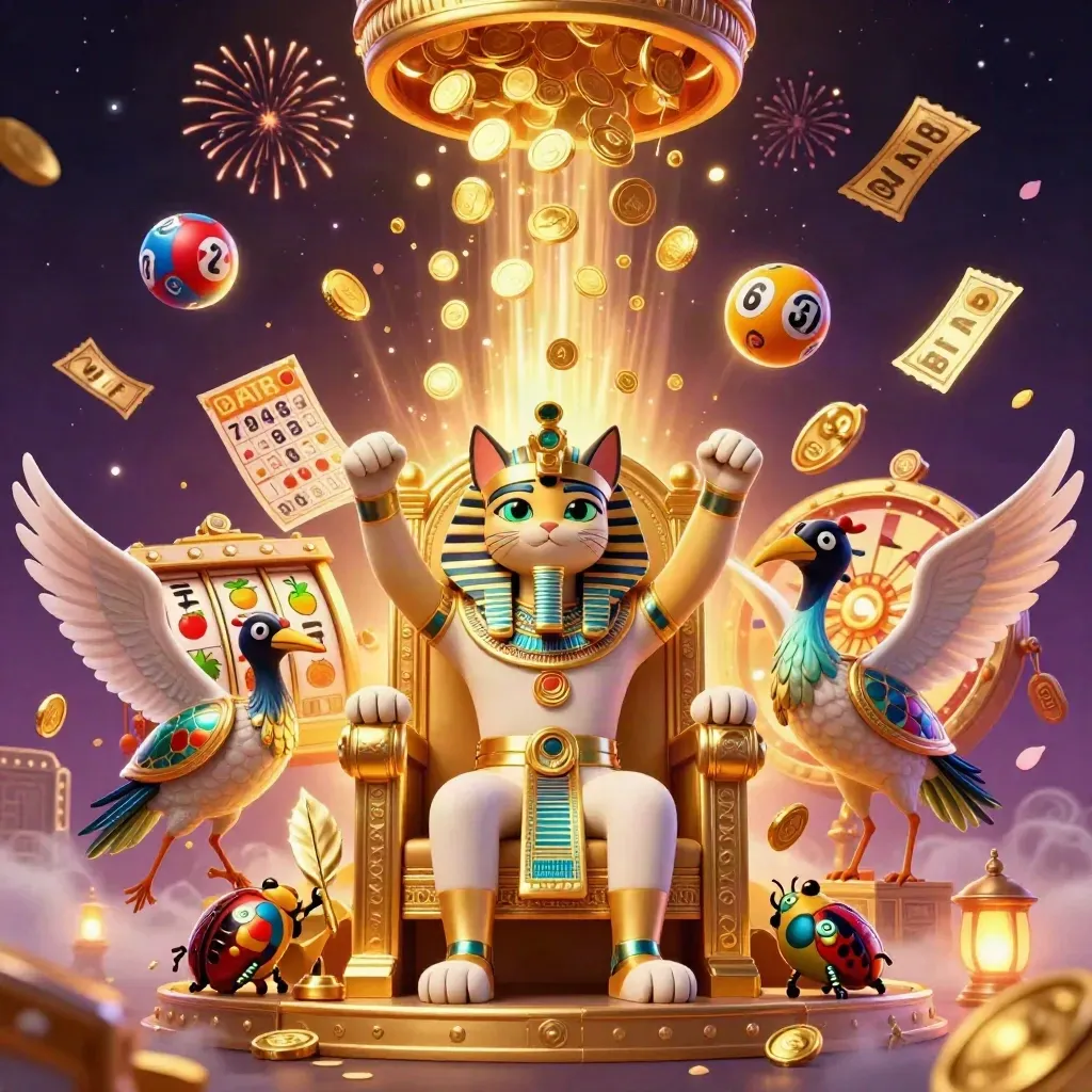 Pharaoh cat, ibis scribe, and scarab beetles amid coins, reels, and fireworks.