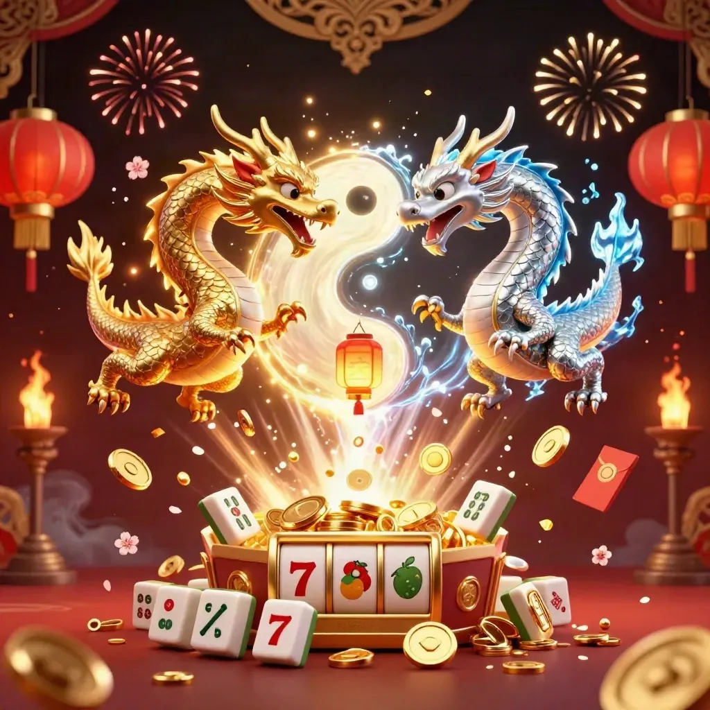 Gold and silver dragons spiral around a lantern spirit, coins, lanterns, fireworks, and casino glow.