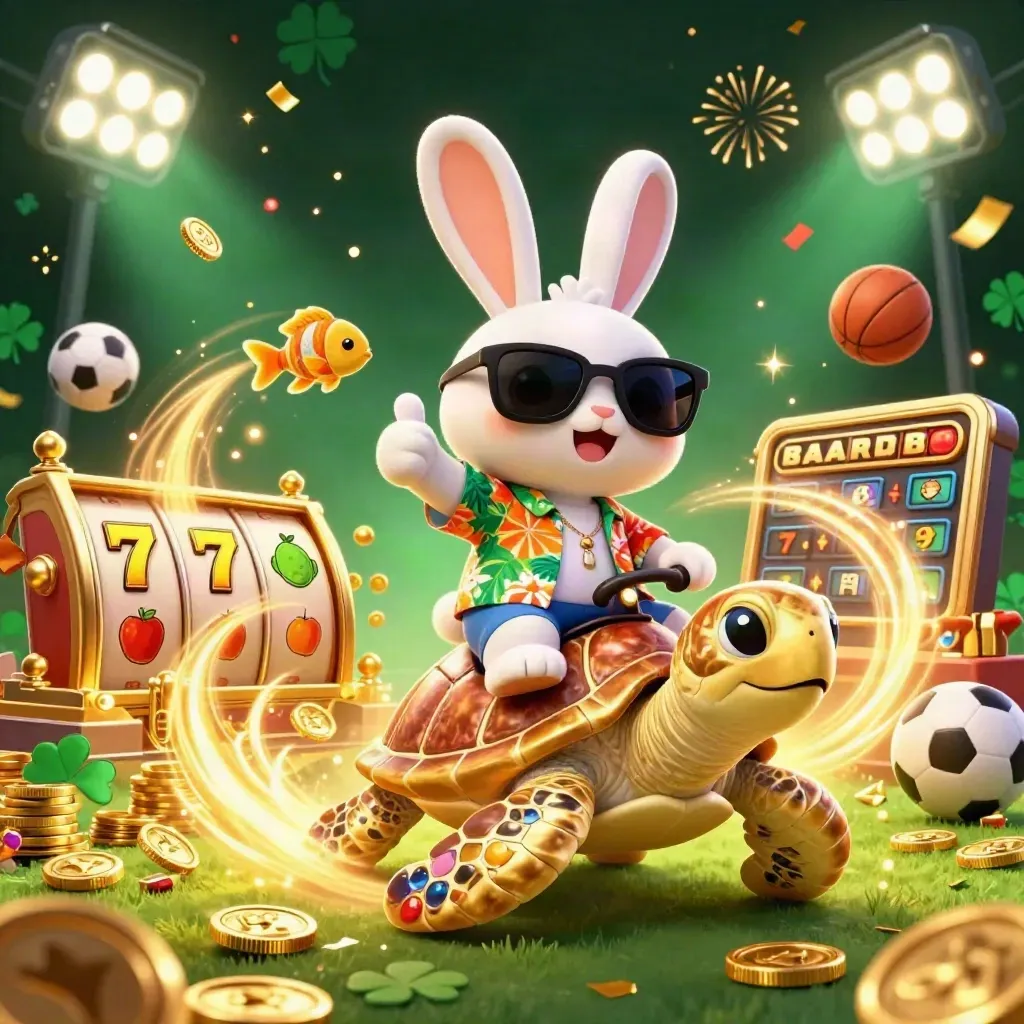 Lucky rabbit rides a jeweled turtle amid coins, fireworks, slots, and casino glam