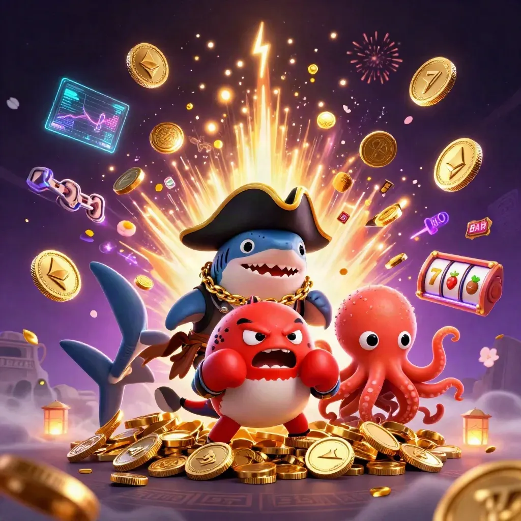 Shark pirate, pufferfish boxer, and coin-juggling octopus amid vault bursts, neon coins, and fireworks.