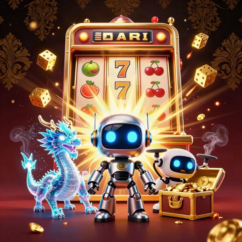 Cyberpunk robot, hologram dragon and coin drone burst from a gold slot machine in luxe burgundy light