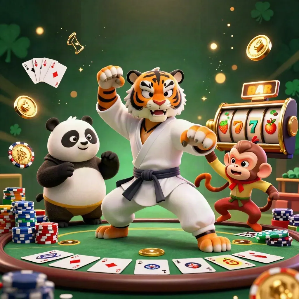 Tiger master, panda disciple, and monkey thief amid poker chips, aces, reels, and gold casino glow