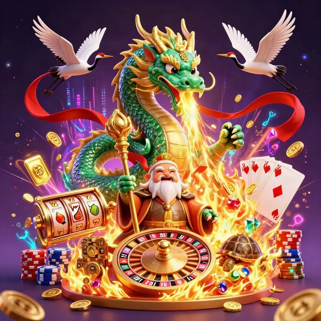 Emerald dragon, turtle sage, and cranes amid casino gold, chips, reels, and glowing magic.