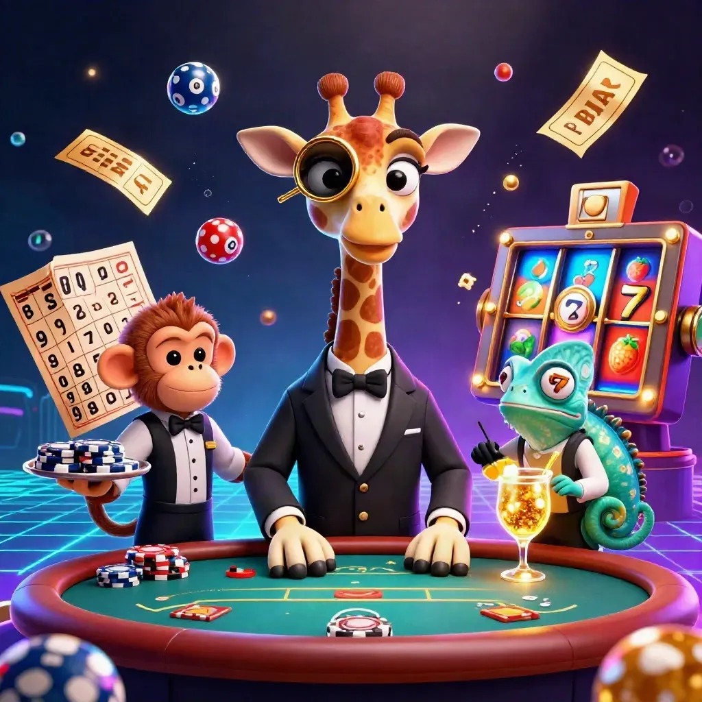 Giraffe, monkey, and chameleon at a glowing VIP poker table with casino effects