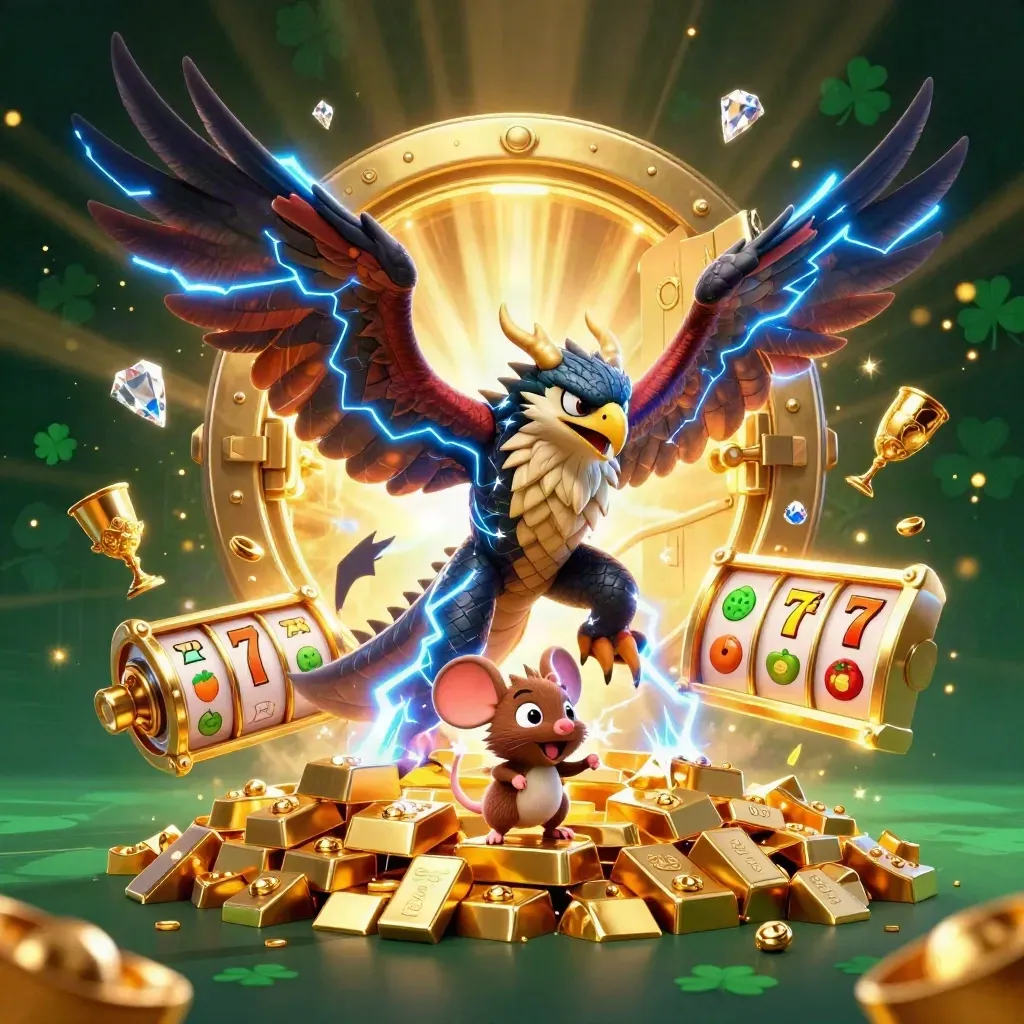 Thunder dragon, wind hawk, and crackling mouse burst from a gold vault with slots and gems.