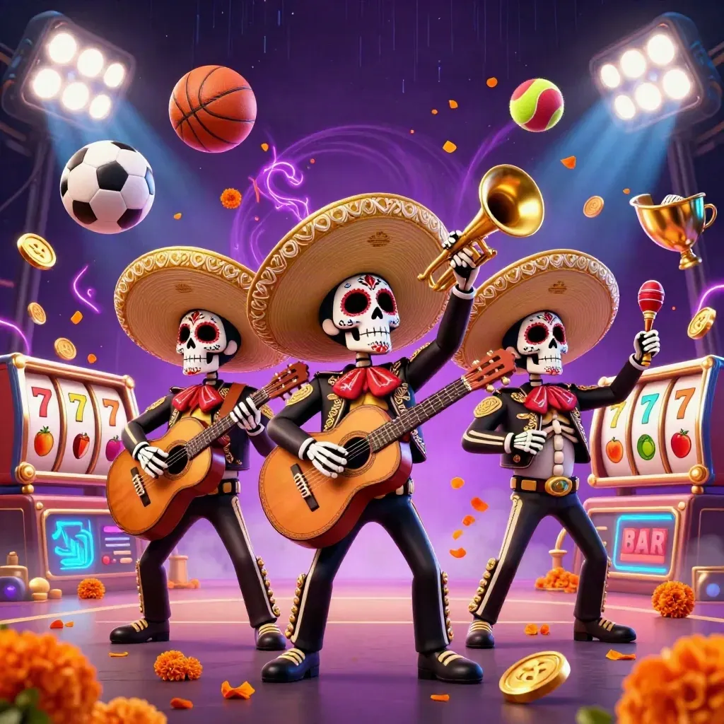 Three skeleton mariachi musicians amid slot reels, coins, sports balls and neon casino effects.