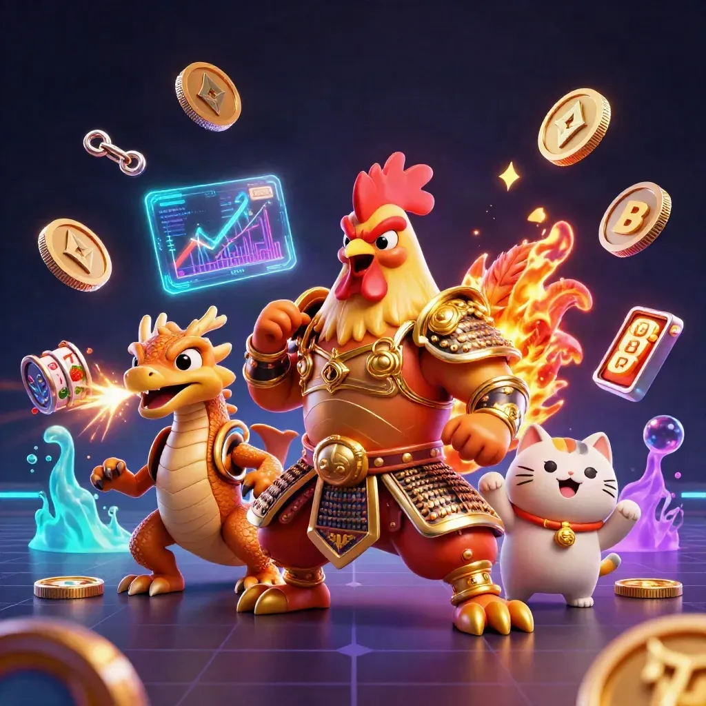 Rooster samurai, spark-breathing hatchling and fortune cat amid slot reels and glowing crypto coins.