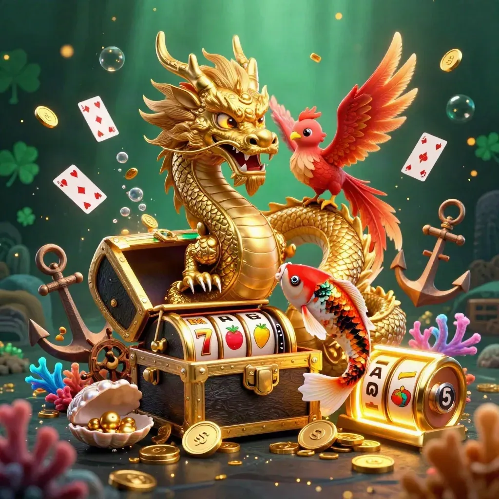 Golden dragon, phoenix, and koi over treasure chest in a luxe casino cove