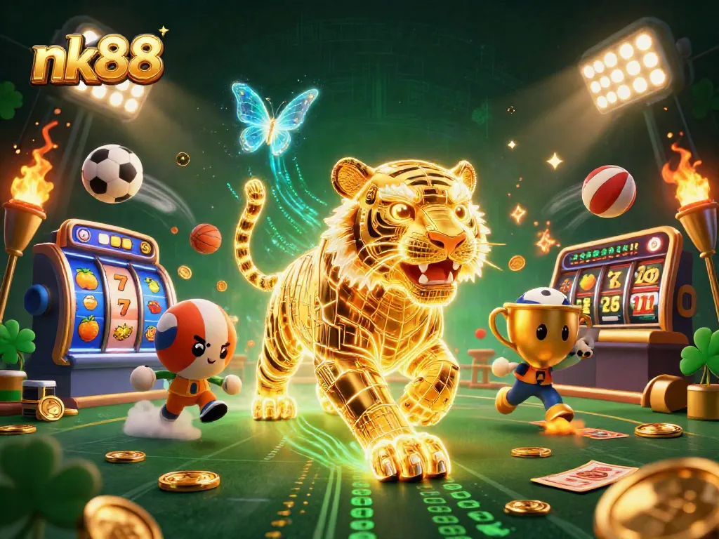 Experience thrilling nk88 casino action with a glowing golden tiger amidst vibrant gaming elements.