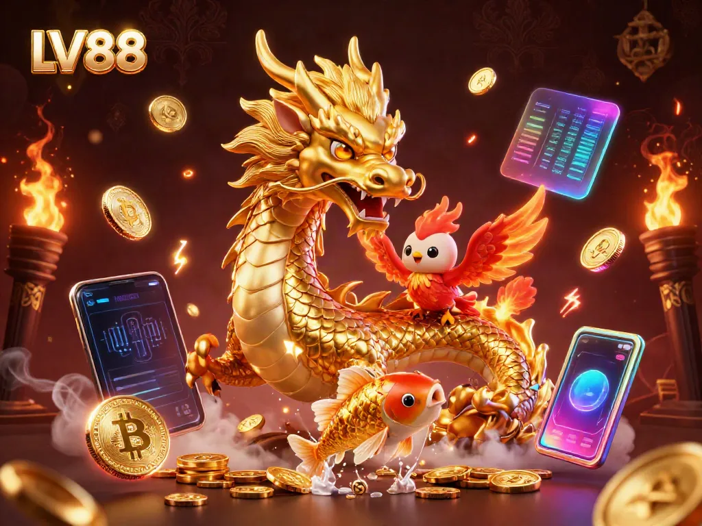 Engage with LV88's vibrant gaming world featuring dynamic dragons, phoenixes, and crypto elements.