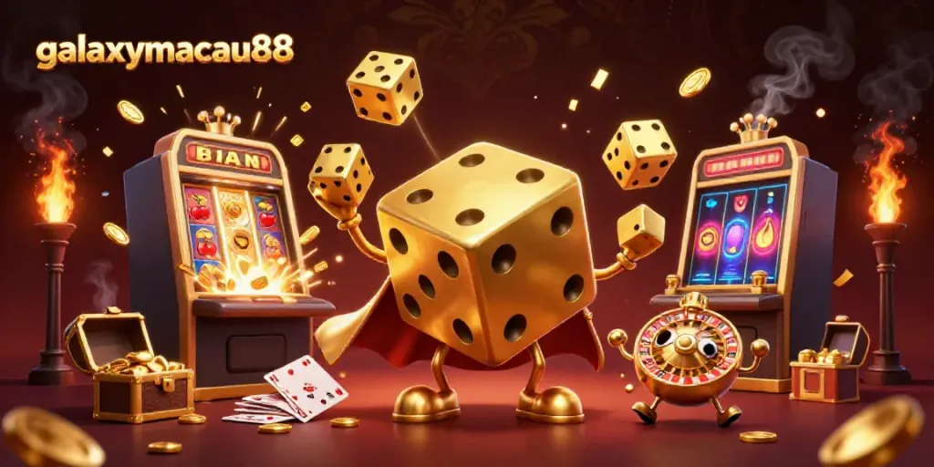Engage in casino excitement at galaxymacau88 with animated golden dice, jackpot thrills, and vibrant game elements.