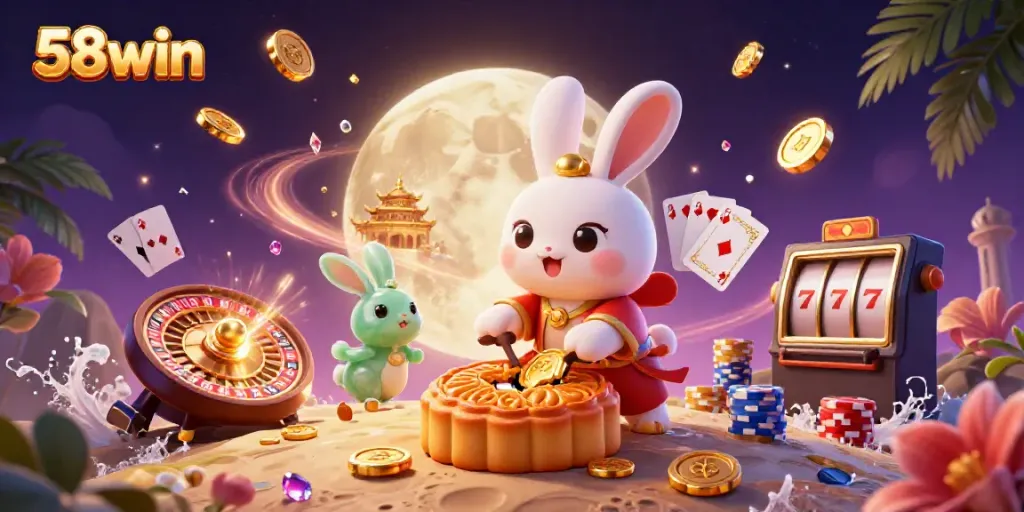 Experience exciting gaming with 58win, showcasing a captivating scene of a moon rabbit and casino elements.