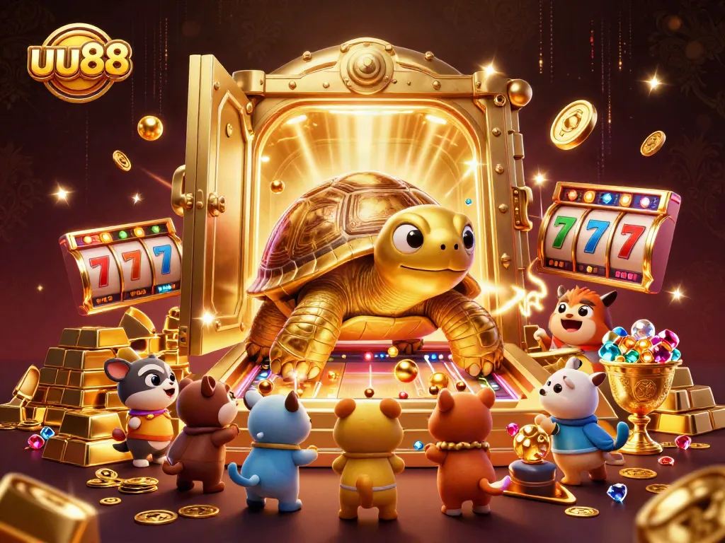 uu88's captivating 3D illustration shows a golden tortoise and thrilling slot reels in a vibrant casino theme.