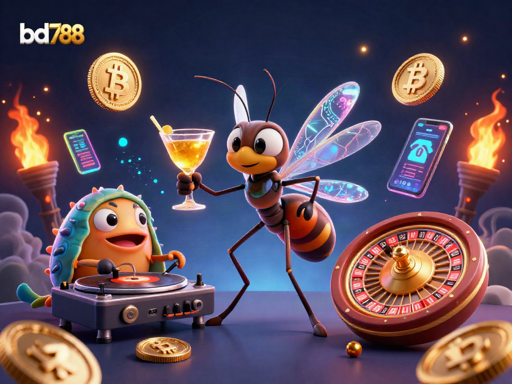 Engage with bd788's vibrant casino scene featuring a frozen mosquito mascot, trilobite DJ, and glowing cryptocurrencies.