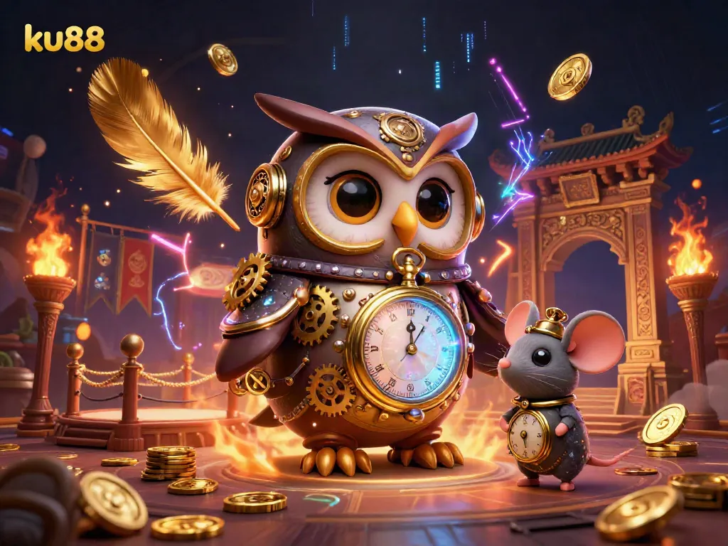 Experience thrilling bets with ku88 at a vibrant casino, featuring a time-traveling owl and dynamic gambling elements.