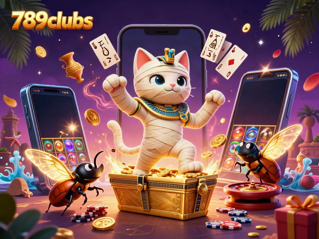 A vibrant 3D scene depicting 789clubs, featuring a mummy cat and scarab beetle amidst casino elements, symbolizing excitement.