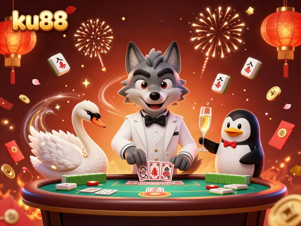 Experience thrilling baccarat action with ku88 featuring a stylish wolf, elegant swan, and penguin sommelier.