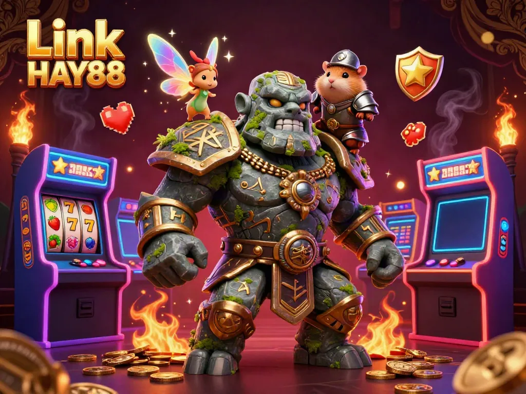 Experience the magic of Link HAY88 with a casino-themed 3D illustration featuring a stone golem and interactive gaming elements.