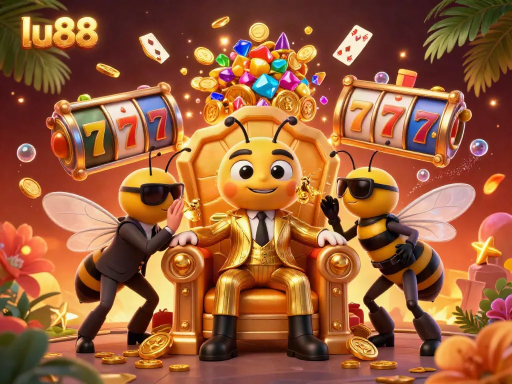 Experience exciting gameplay at LU88 with a vibrant, packed casino scene featuring the unique bumblebee mob boss and his entourage.
