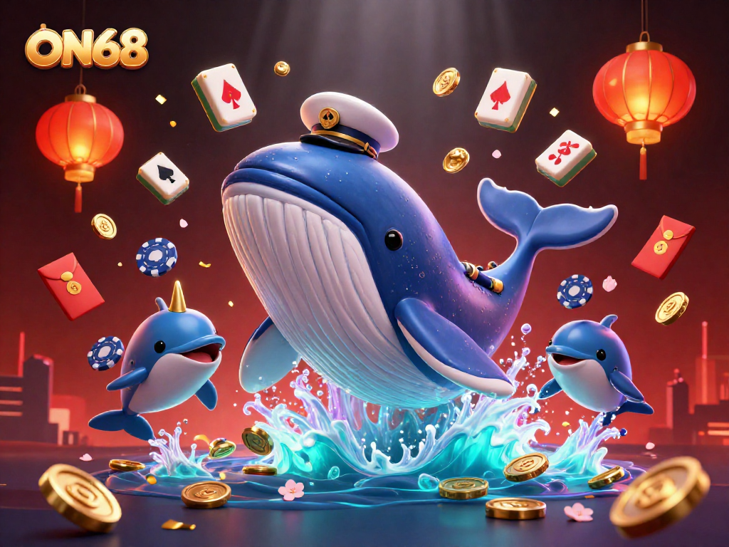 Experience the thrill at ON68 with a playful scene of whales, poker chips, and charming casino elements.