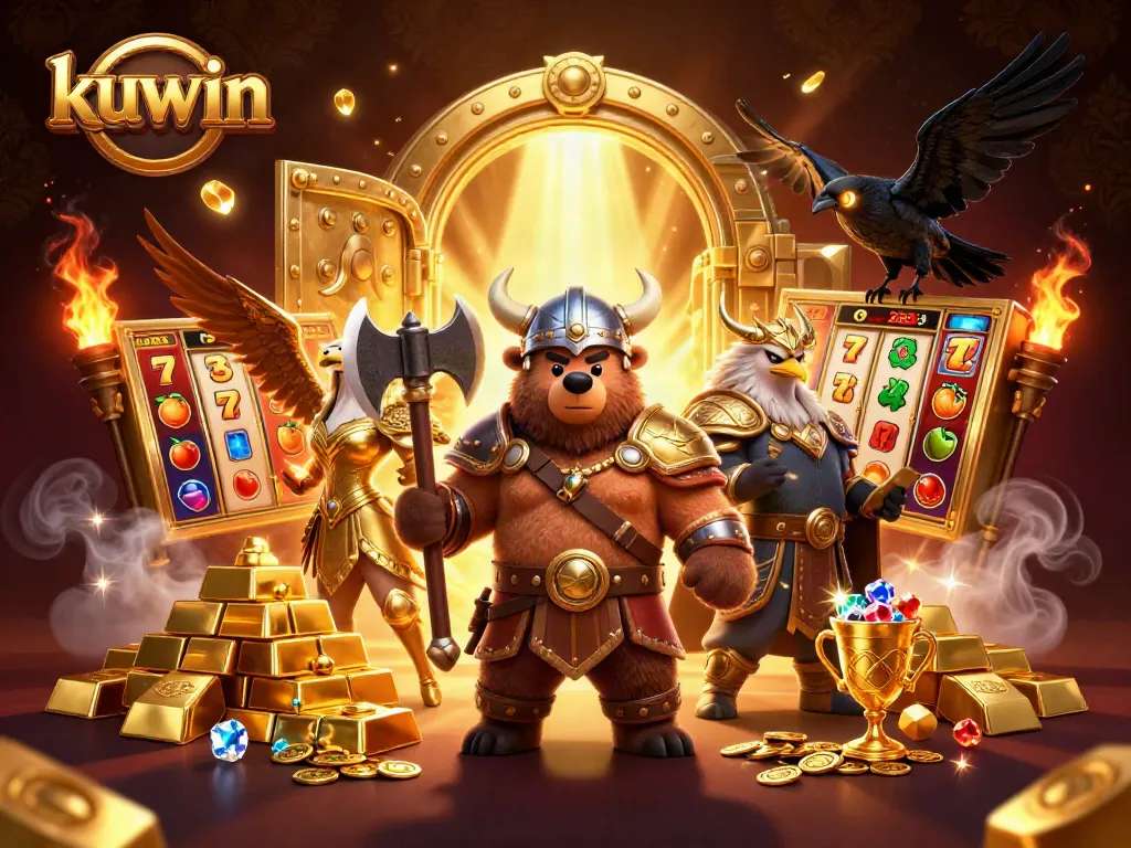 Kuwin casino-themed scene featuring a Viking bear, eagle, and treasures with dynamic gaming elements