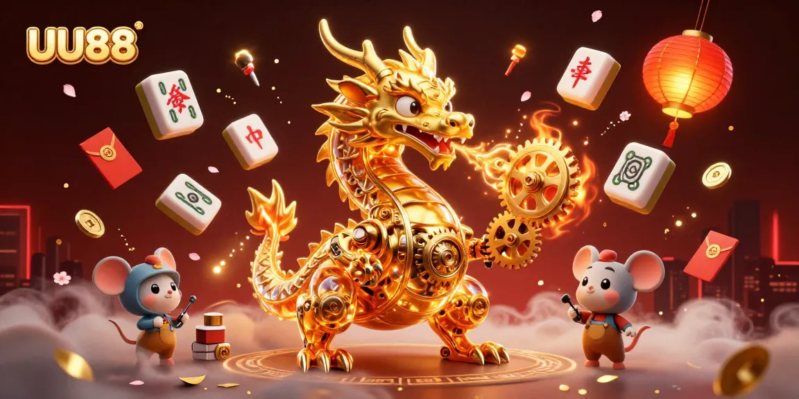 UU88 showcases a vibrant casino scene with a golden dragon and festive elements for thrilling gameplay.