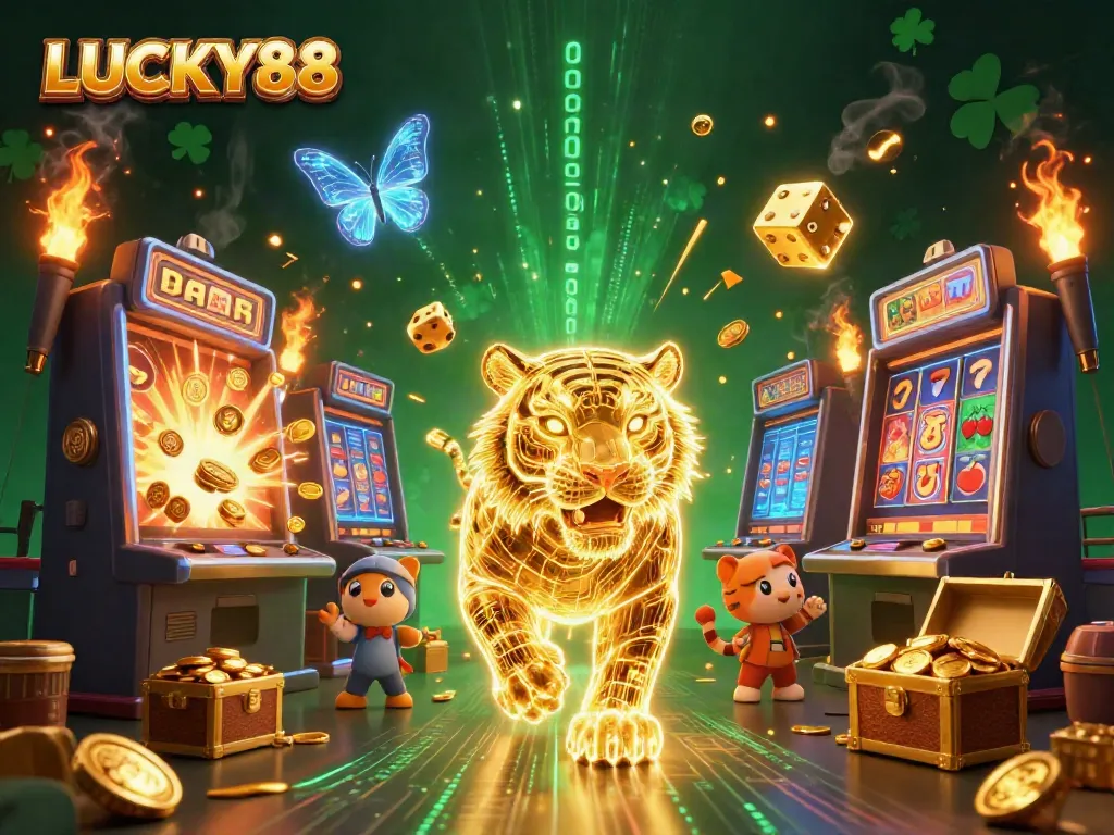 LUCKY88 showcases a vibrant casino scene with a glowing tiger and jackpot elements for gamblers.