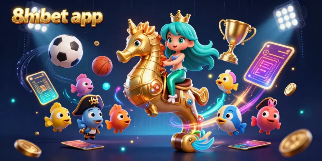 Engage with the thrilling 8xbet app, featuring a vibrant mermaid scene amidst dynamic sports elements, showcasing immersive betting excitement.