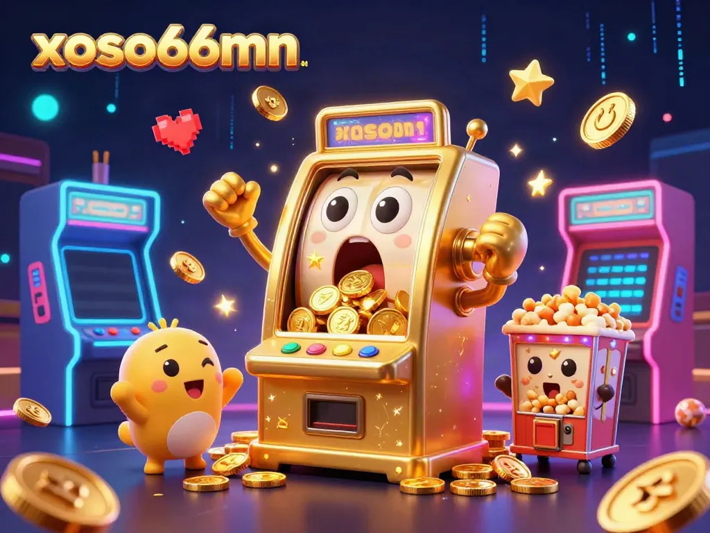 xoso66mn slot machine celebrates hitting a jackpot with coins cascading, surrounded by cheerful characters