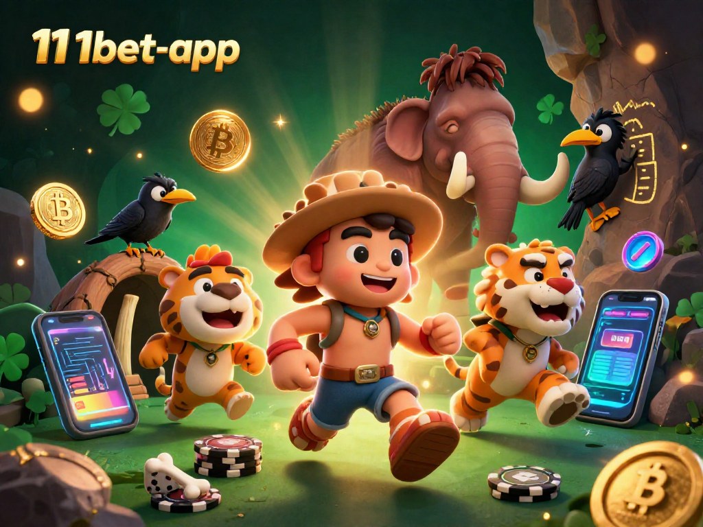 Join the action at 11bet-app with a lively prehistoric casino scene featuring cryptocurrency elements.