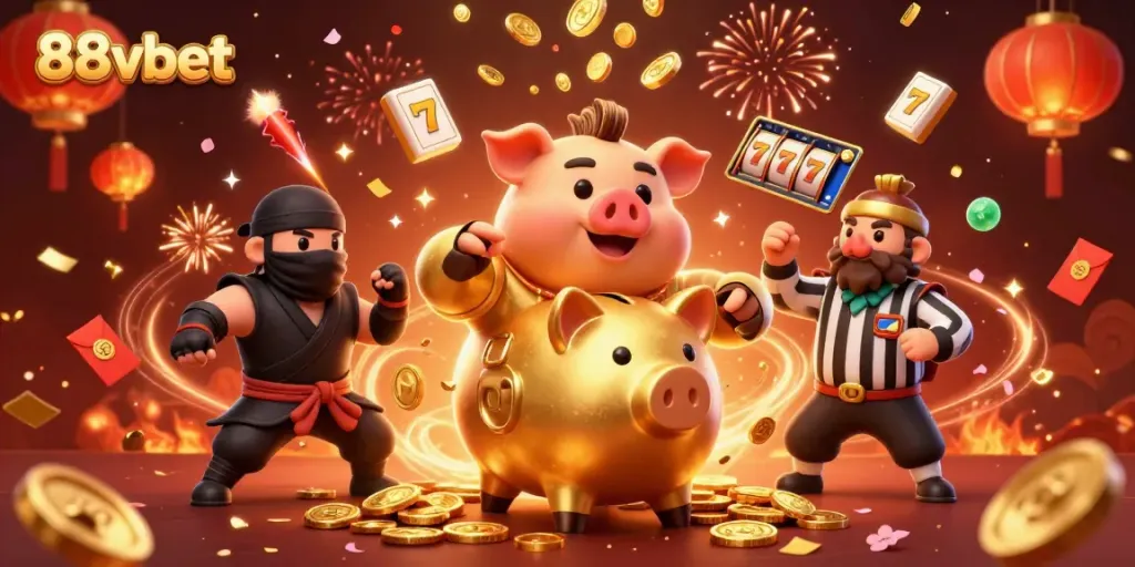 Experience excitement at 88vbet with a lively 3D illustration featuring gambling elements and joyful characters.
