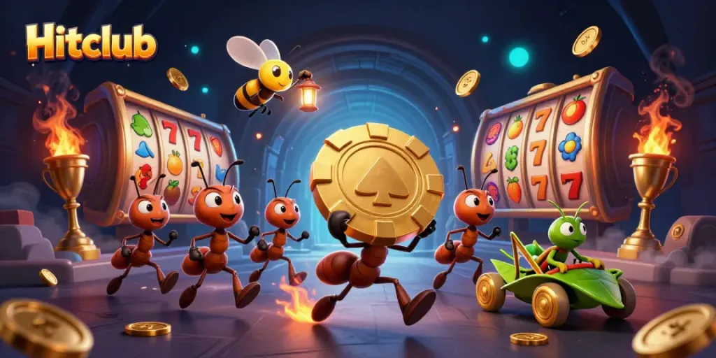 Hitclub's vibrant heist scene showcases ants carrying poker chips amidst spinning slot machines and casino treasures.