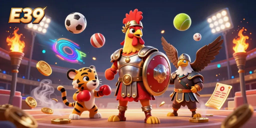 E39 showcases an exciting casino atmosphere with a gladiator rooster and playful elements in a vibrant arena.