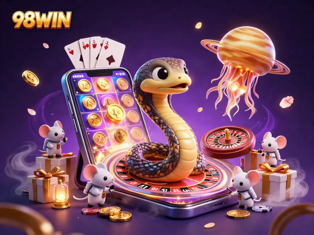 Place your bets with 98WIN's thrilling roulette and cosmic characters in a vibrant casino setting.