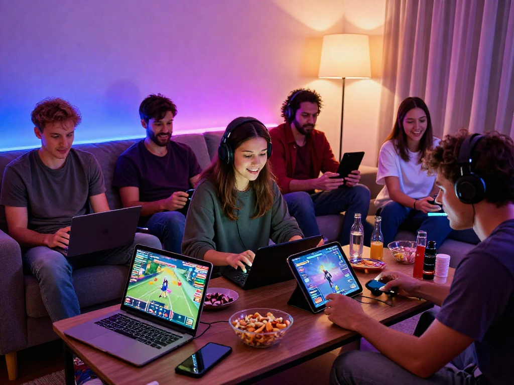Engaged players enjoying online porn games in a cozy setting with multiple devices