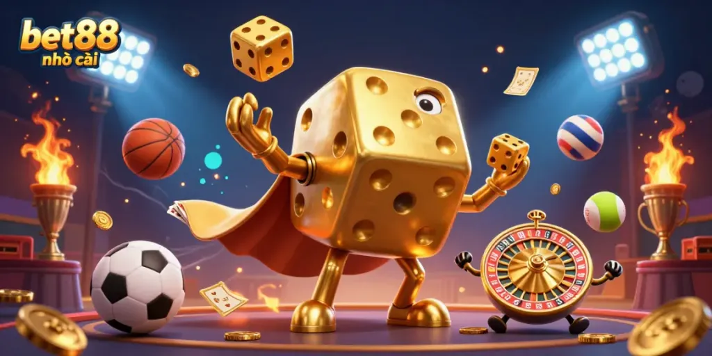 Experience the excitement of betting and gaming with bet88 nhà cái's vibrant 3D casino illustration featuring dynamic game elements.